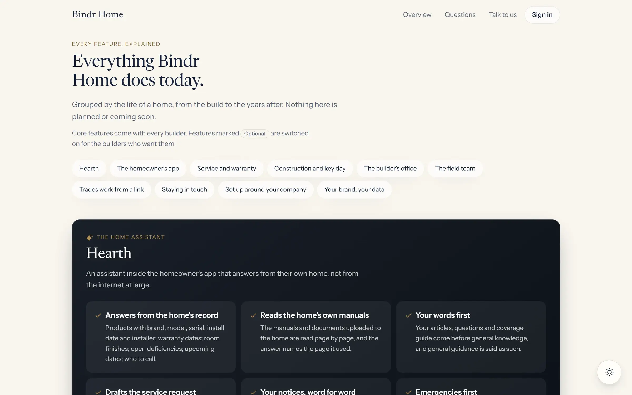 The Bindr Home features page, titled “Everything Bindr Home does today,” with topic buttons and a dark panel introducing Hearth, the home assistant.