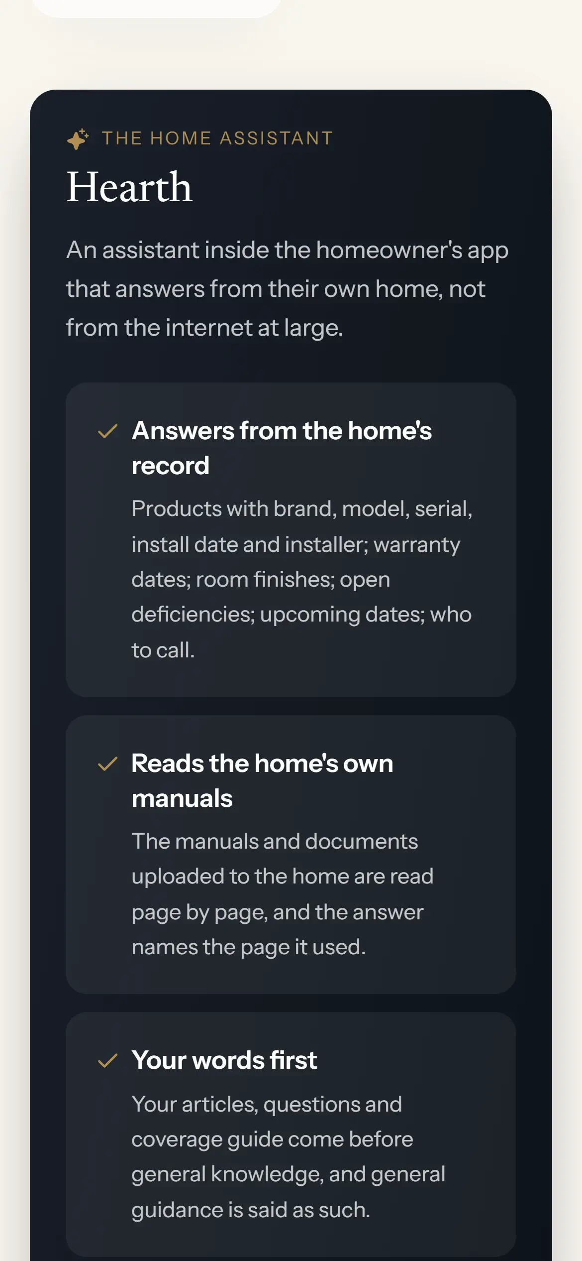 Hearth, the Bindr Home assistant, described on a phone: it answers from the home’s own record and manuals.